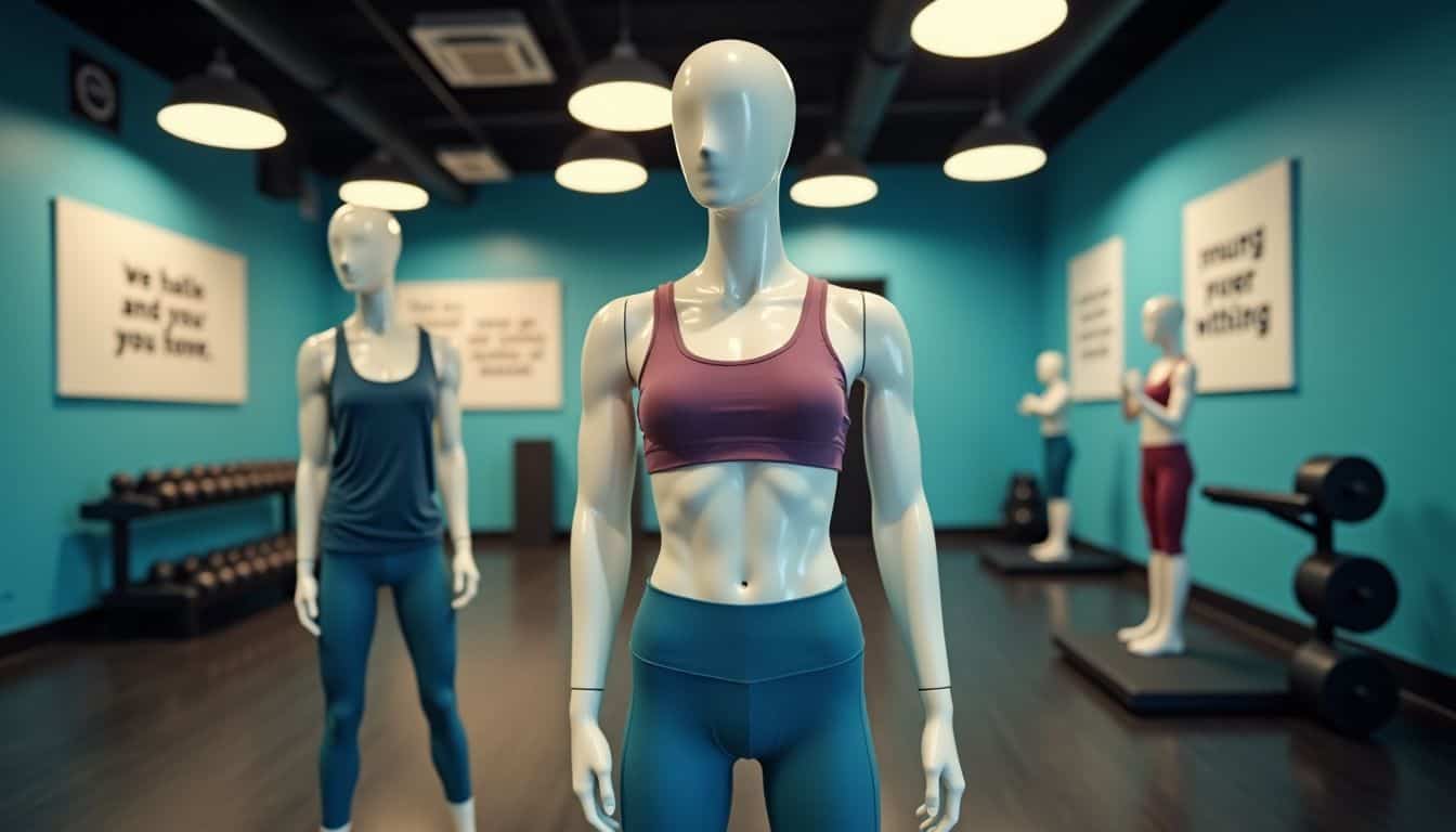 A gym with a mannequin demonstrating workout poses and motivational quotes.