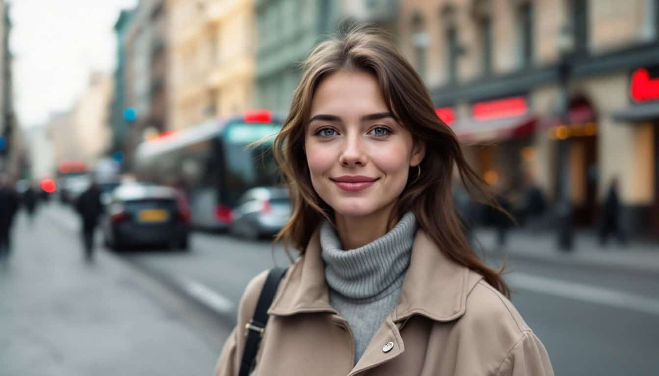 A young woman in modern Russian-inspired outfit stands in a busy city street.