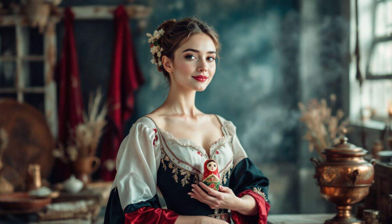 A young woman in a traditional Russian ballet costume poses with props.