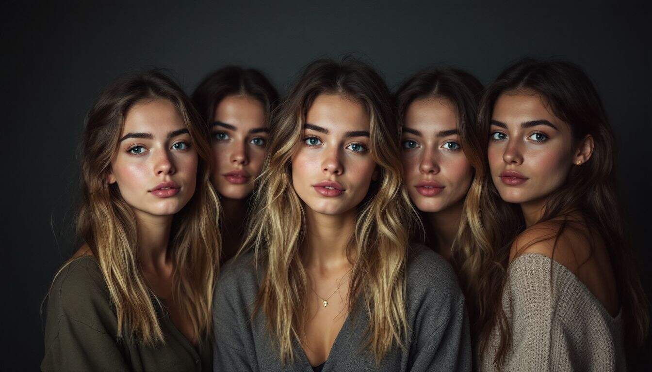 A group of young women posing in a casual studio setting.