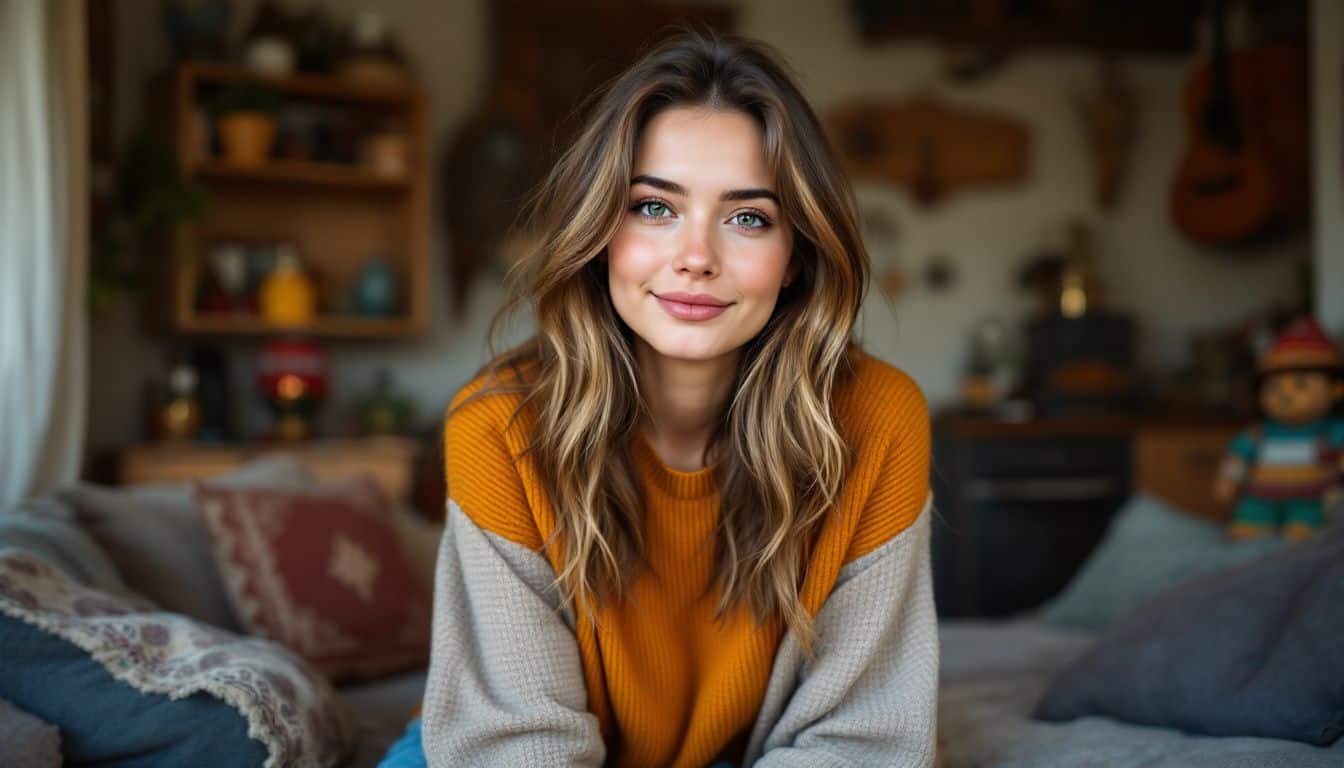 A young woman poses in a traditional Russian-themed apartment.