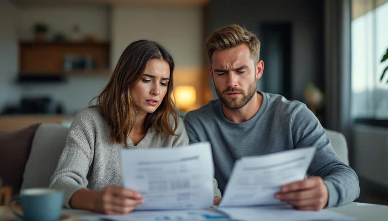 A couple in their 30s reviewing budget in a modest apartment.