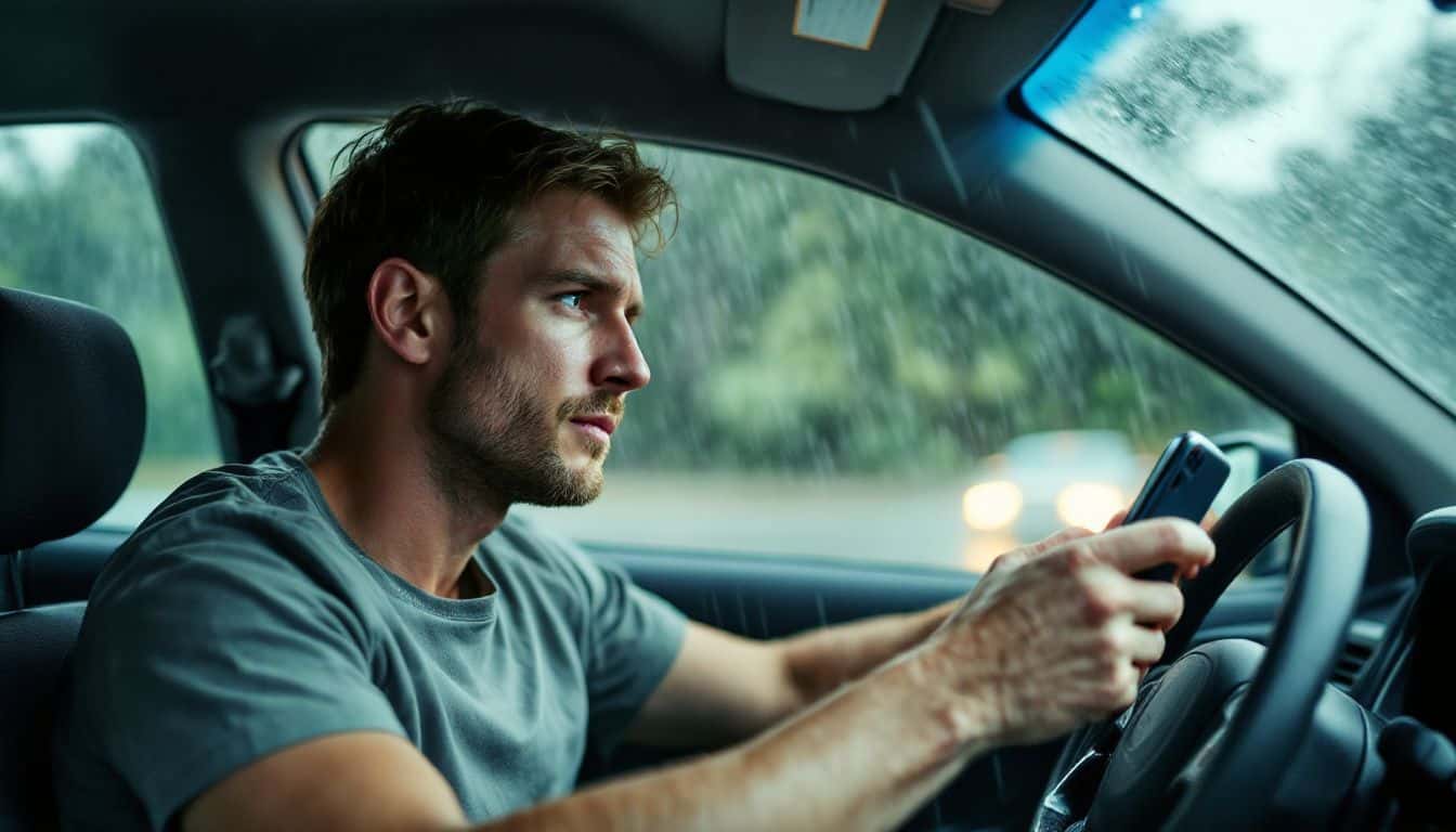 Man in his 30s using phone while driving in heavy rain.