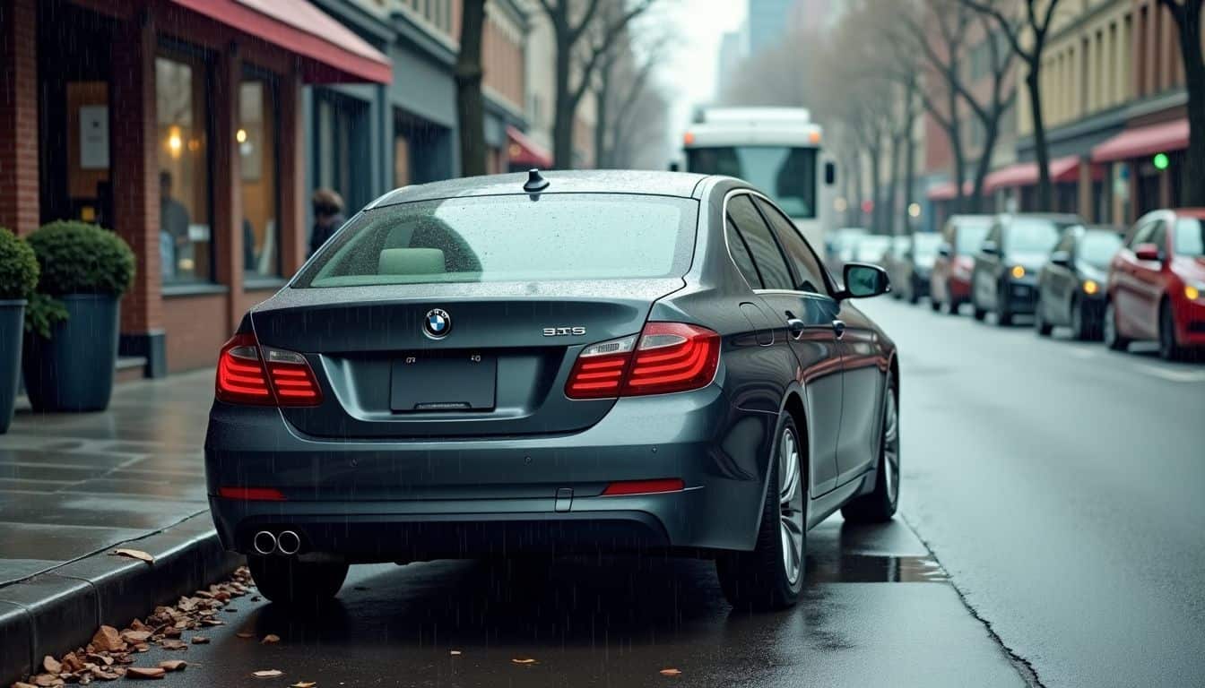 A rear-ended sedan parked on a rainy city street with significant damage.