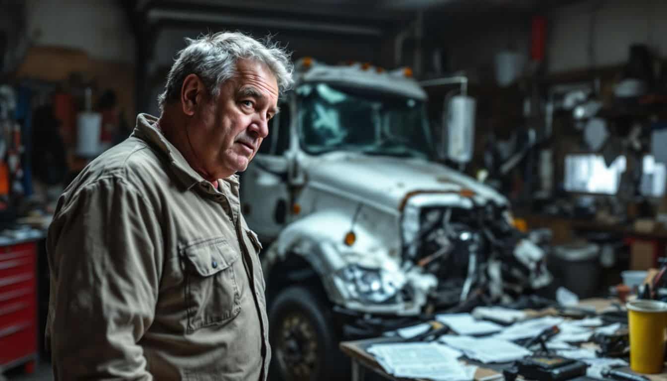 A middle-aged man inspects his damaged vehicle in a cluttered garage.