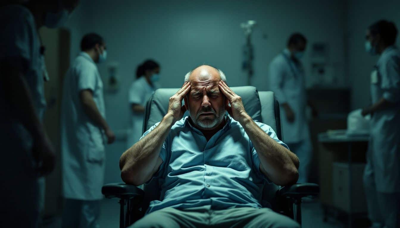 Middle-aged man in distress in busy hospital room.