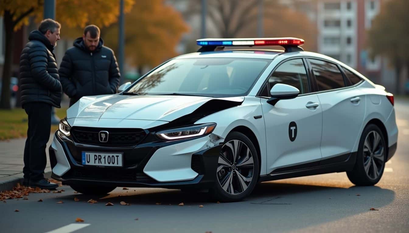 A damaged Class 1 vehicle equipped with AI technology at a car accident scene.