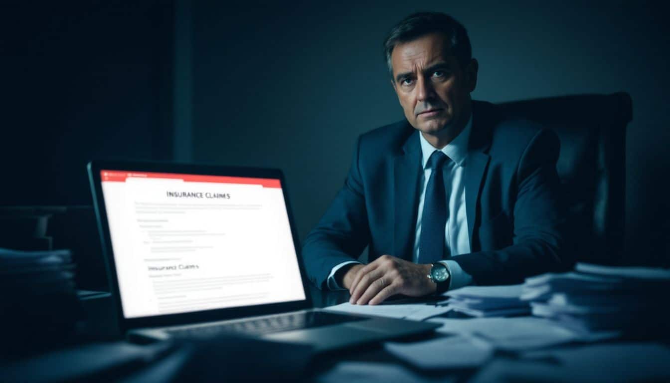 A man sitting in a cluttered room, reviewing insurance claim forms.