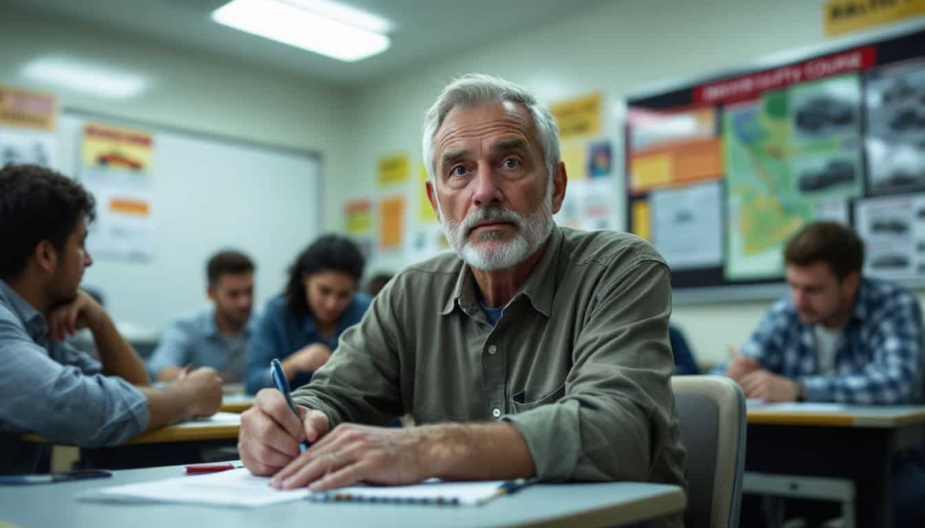 A man attends a driver safety course, taking notes and participating.