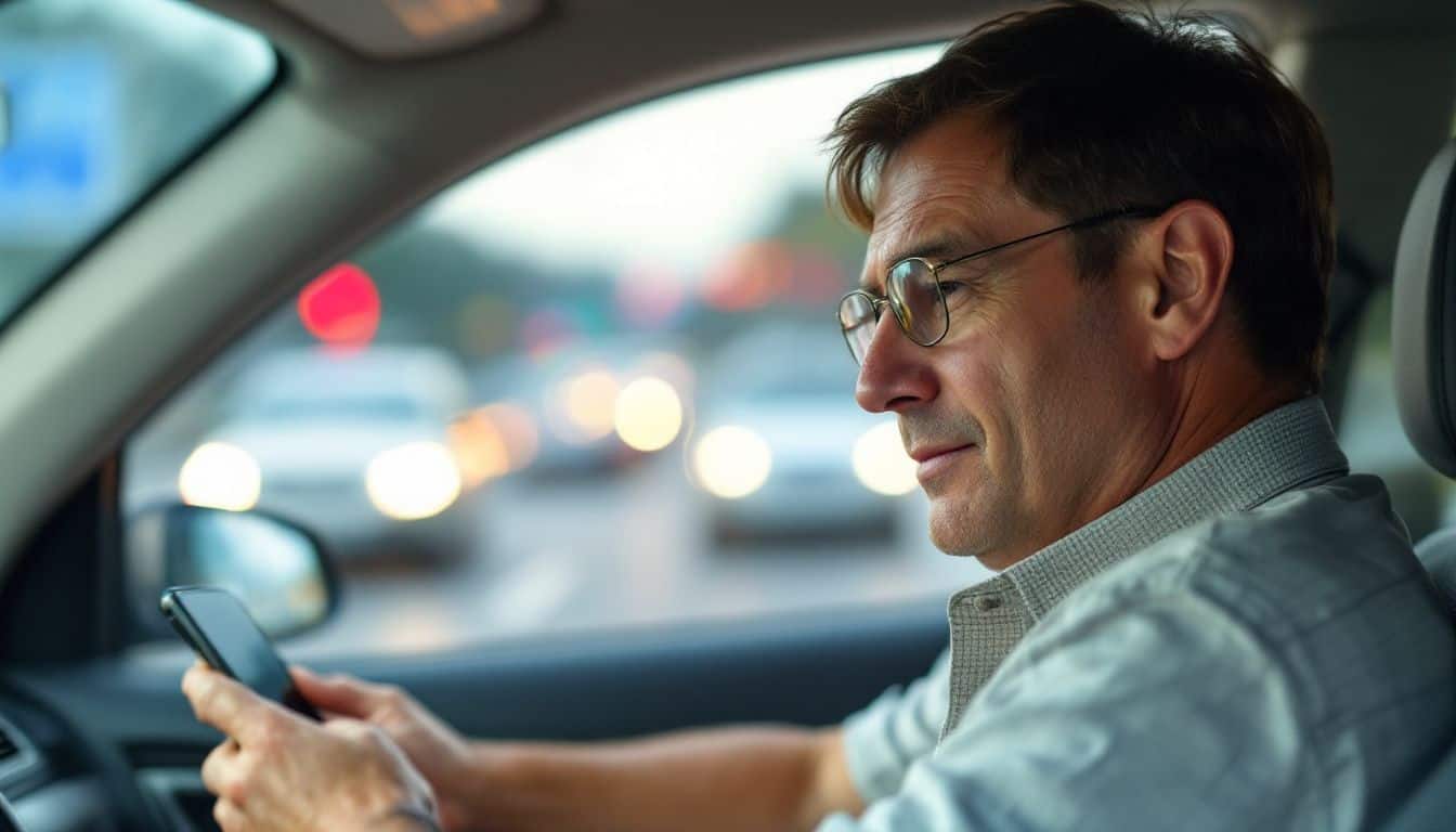 A middle-aged driver uses hands-free crash warning system on busy highway.