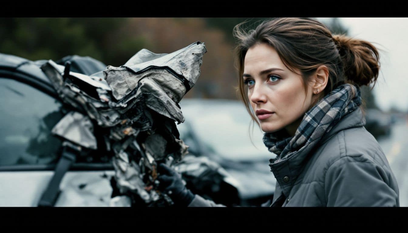 A woman in her 30s examines a severely damaged car after a rear-end collision.