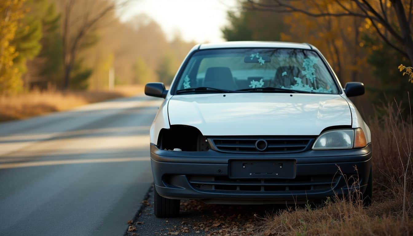 An abandoned car with a broken bumper and shattered windshield.