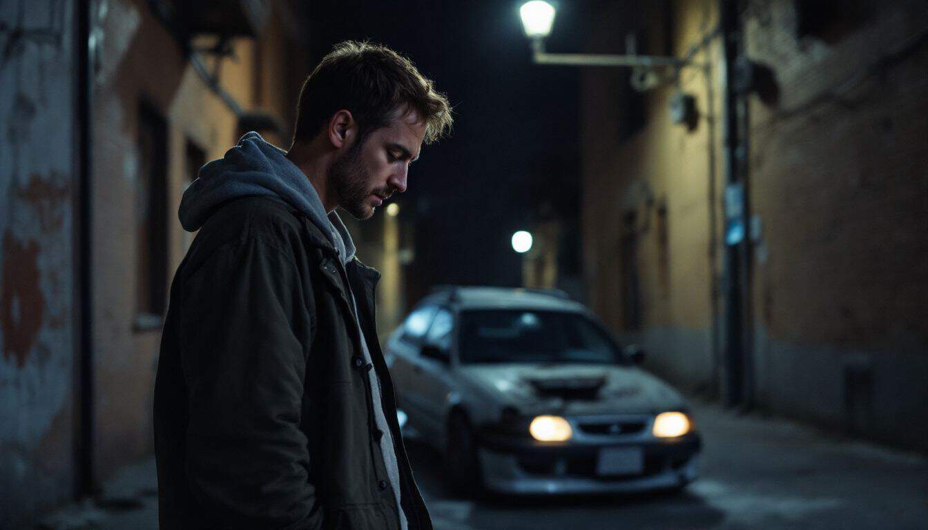 A person inspects themselves after a car crash in a deserted alley.