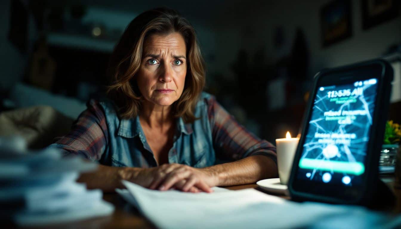 A woman stressed about medical bills and insurance calls in cluttered room.
