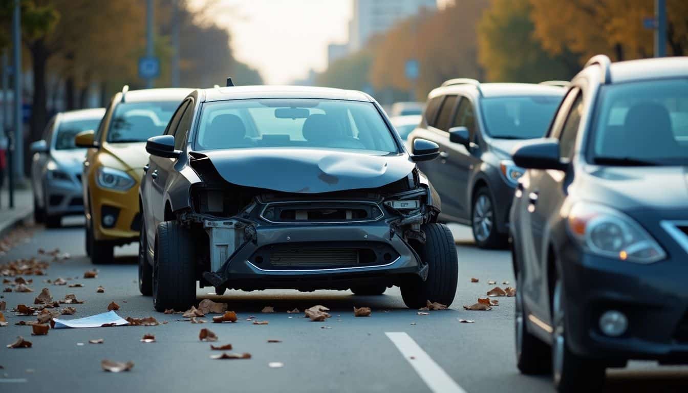The photo shows a car crash aftermath on a busy street.