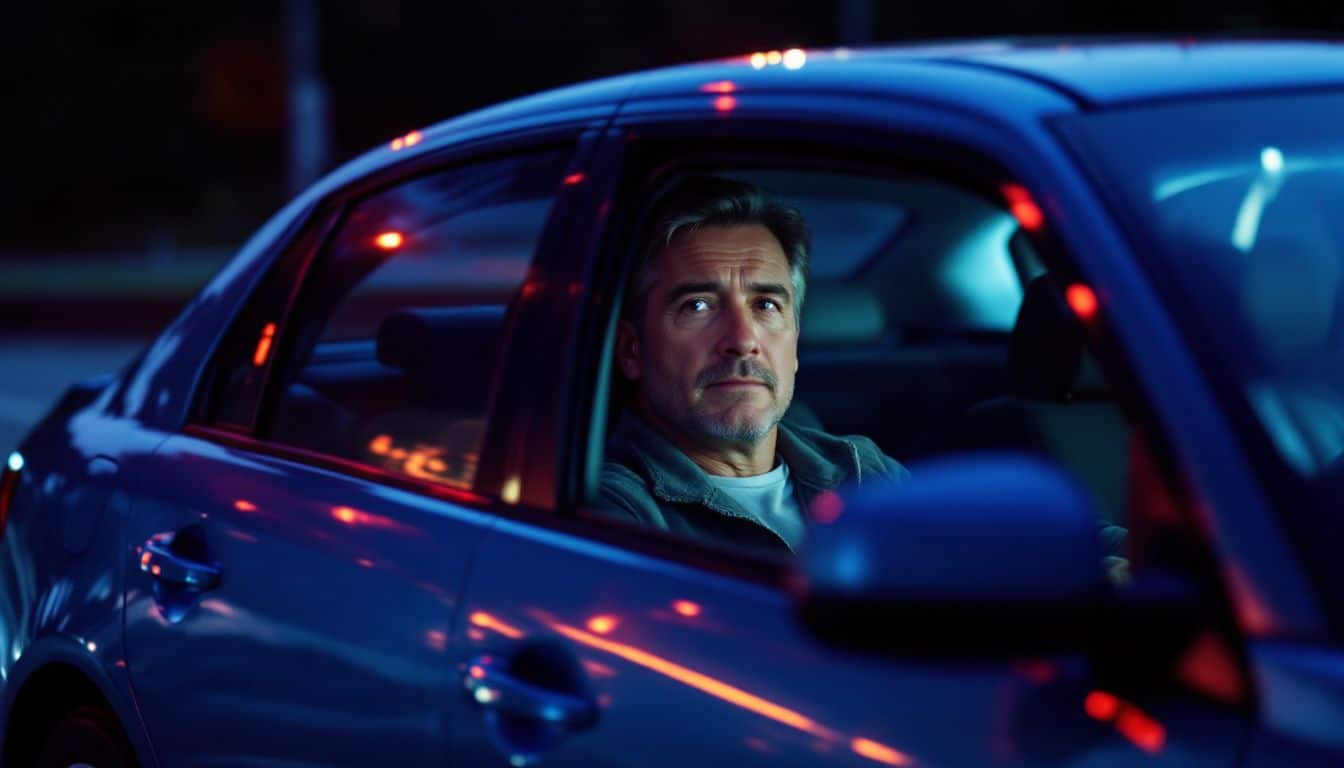 Middle-aged man in blue sedan with hazard lights on highway.