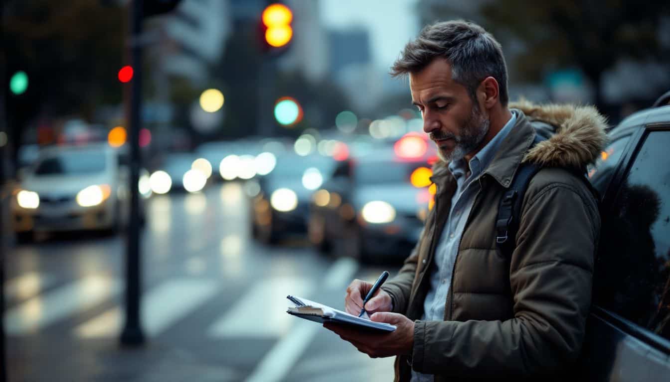 A man in his 40s writing car details after a minor accident.