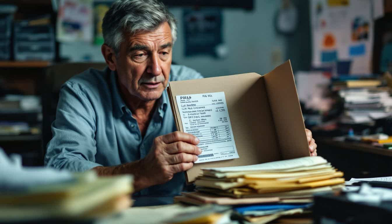 A person organizing bills for car repairs, medical expenses, and lost wages.