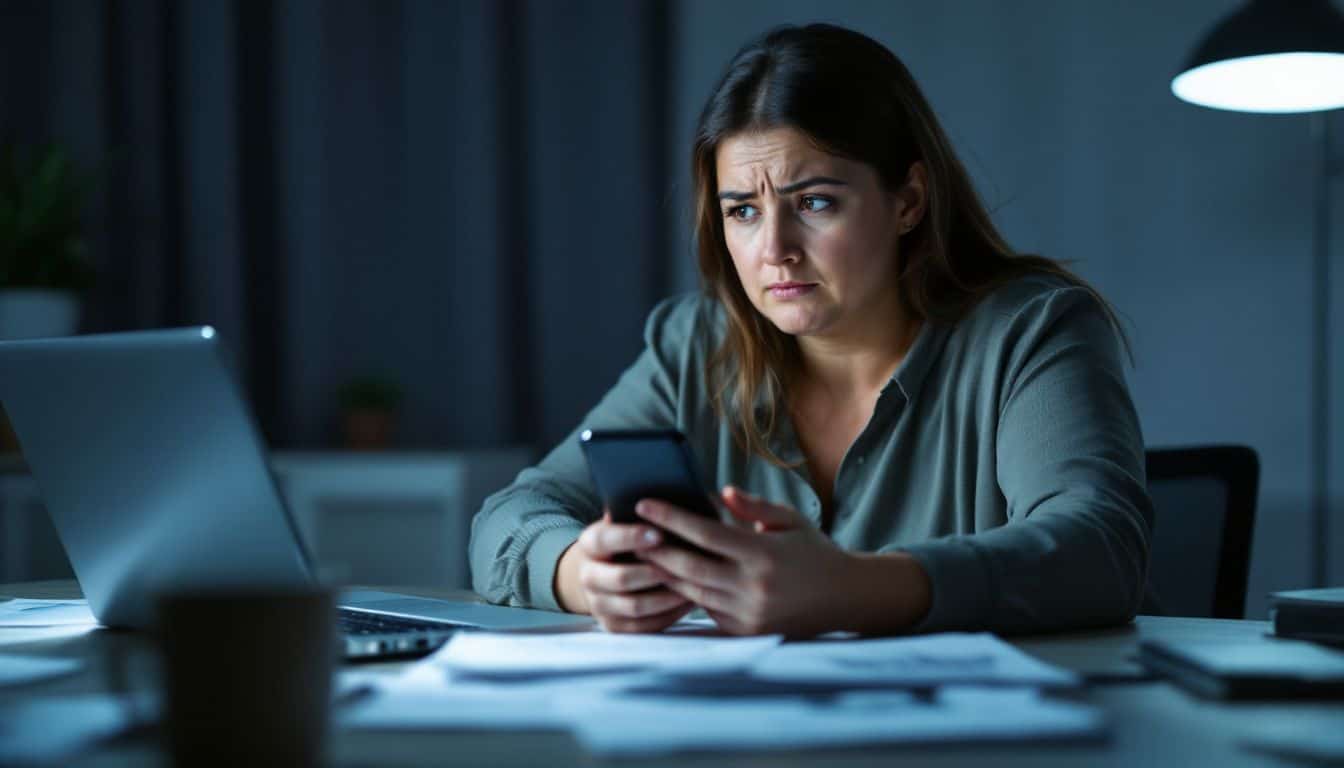 A woman looks worried while holding her phone at a cluttered desk.