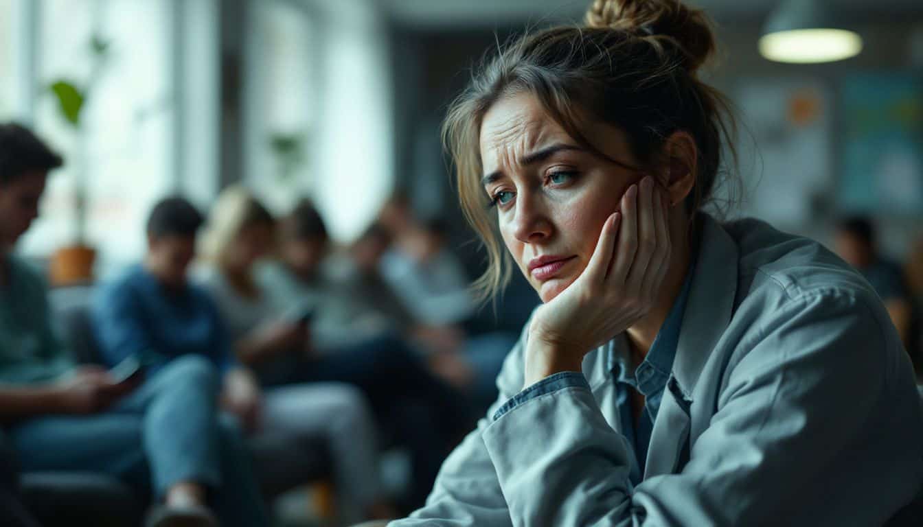 A woman in her 30s waits in a busy medical clinic.