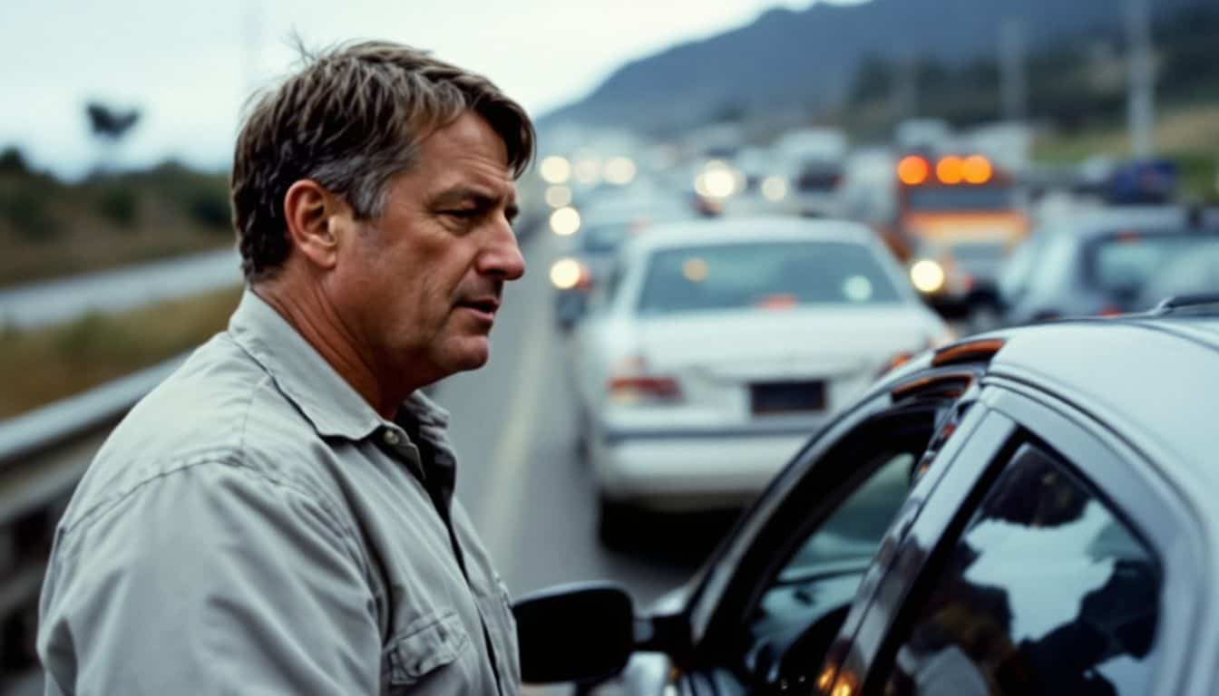 A man inspects his car after a minor highway accident.