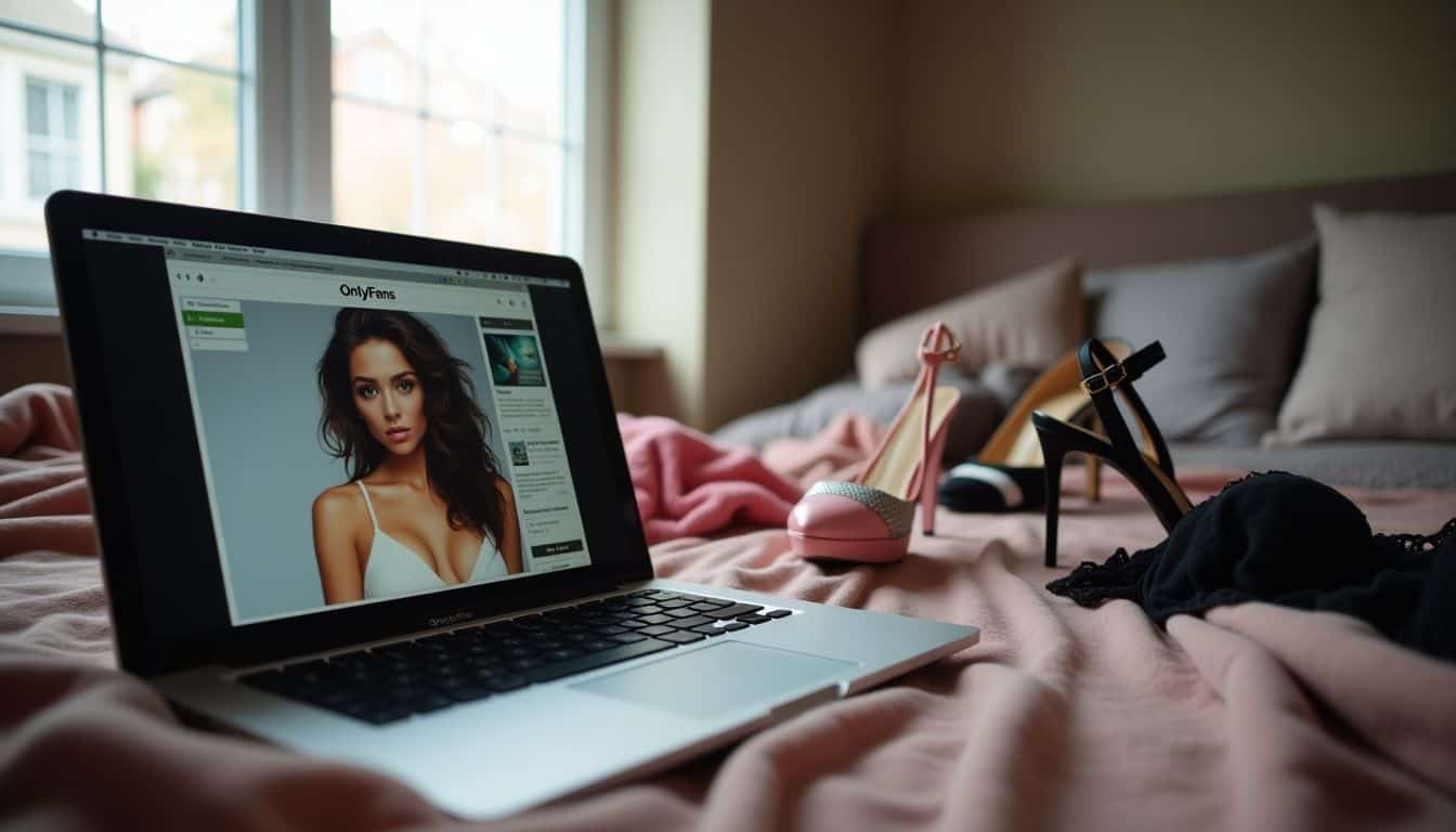 A messy bedroom with scattered lingerie and a laptop open to an OnlyFans profile.