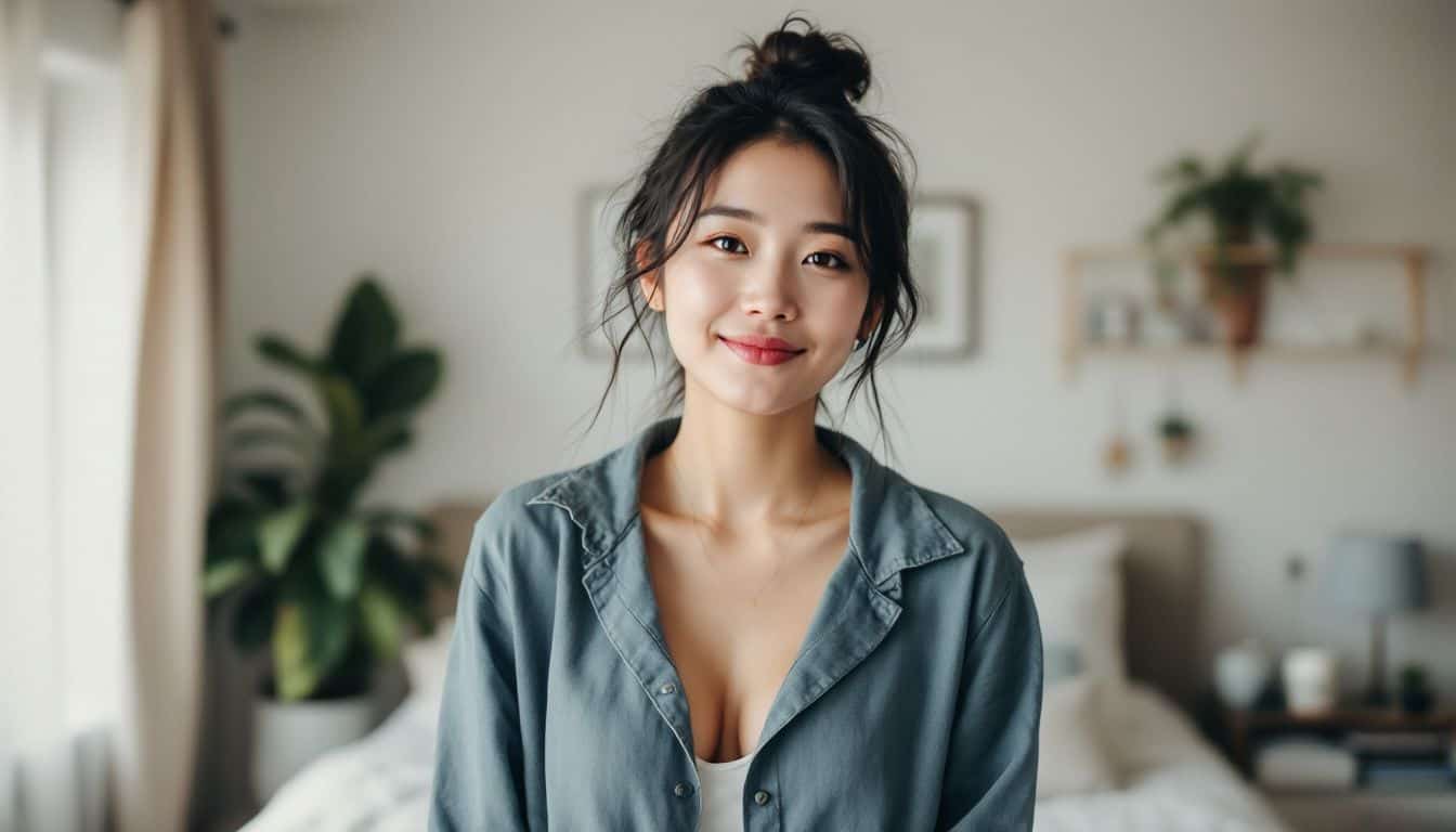 Jordin Swetof, a 34-year-old woman, poses casually in her bedroom.