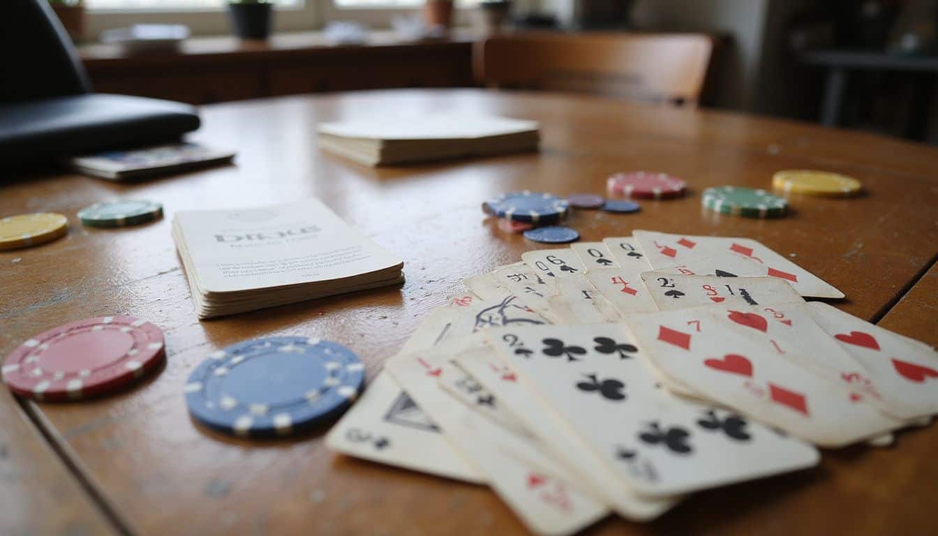A well-worn deck of cards, poker chips, and game rulebook laid out on a wooden table.