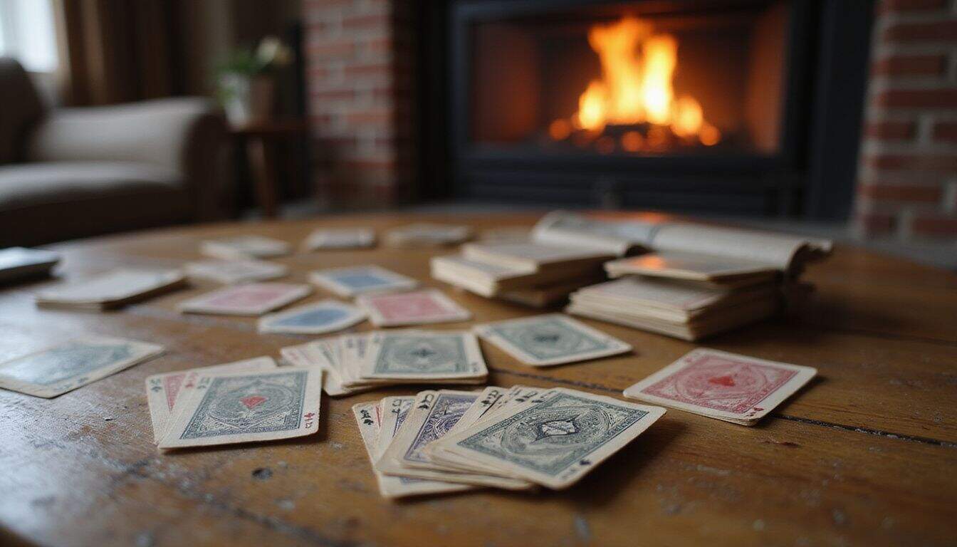 A deck of worn playing cards scattered on a wooden table in a cozy living room with a crackling fireplace.