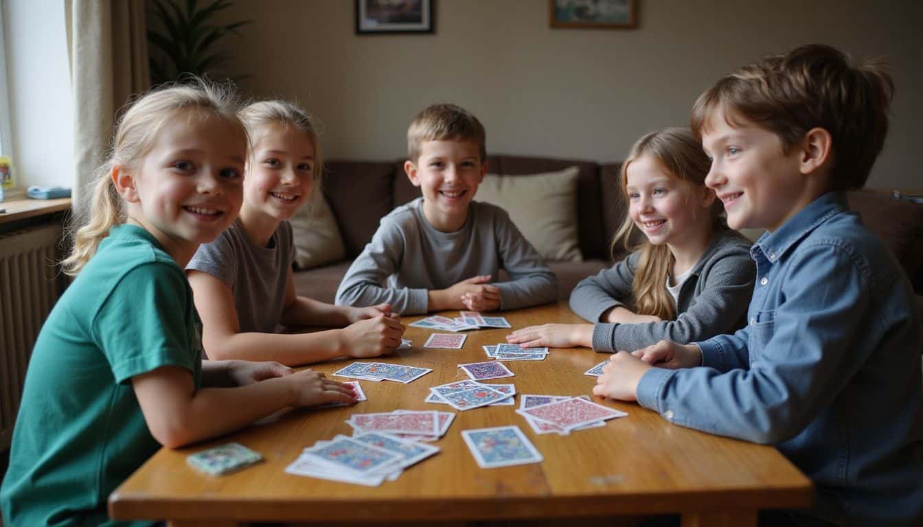 A group of children are playing card games in a cozy living room setting.