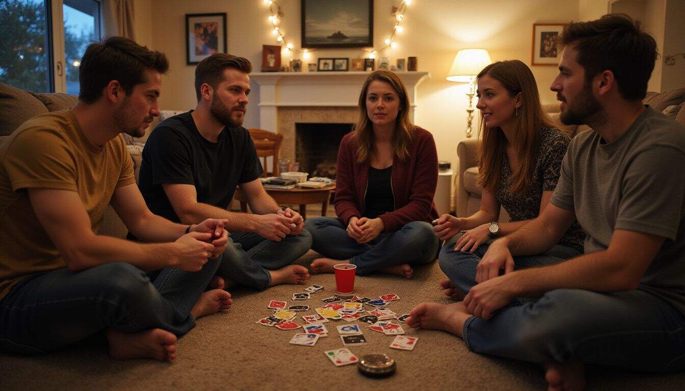 A group of friends in their mid-20s to early 30s playing Uno in a cozy setting.