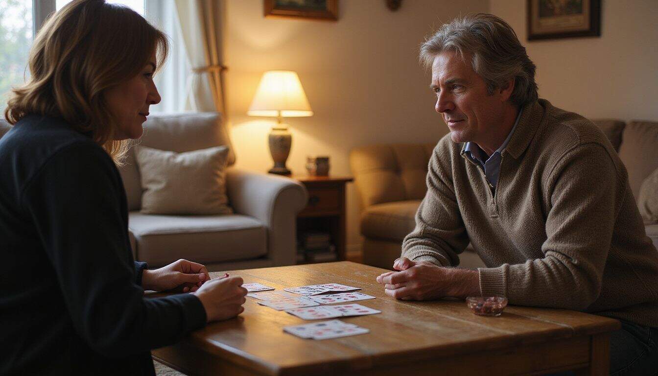 A middle-aged couple playing a casual game of cards in a cozy living room.