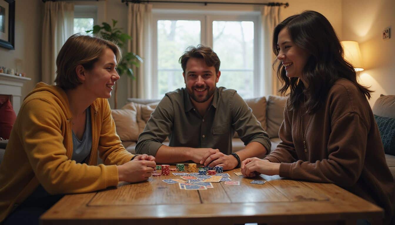 Three friends playing a card game in a cozy living room setting.