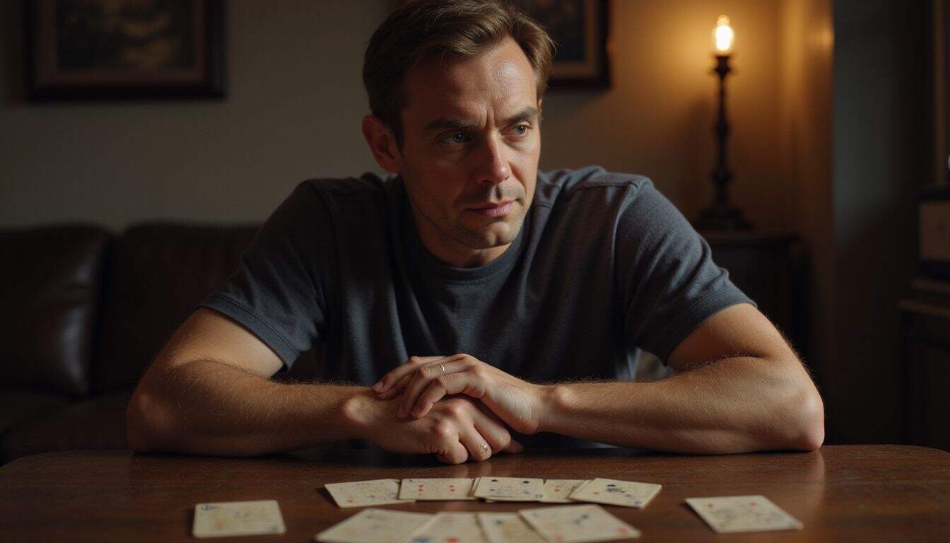 A man in his 40s playing Gin Rummy in a dimly lit room.