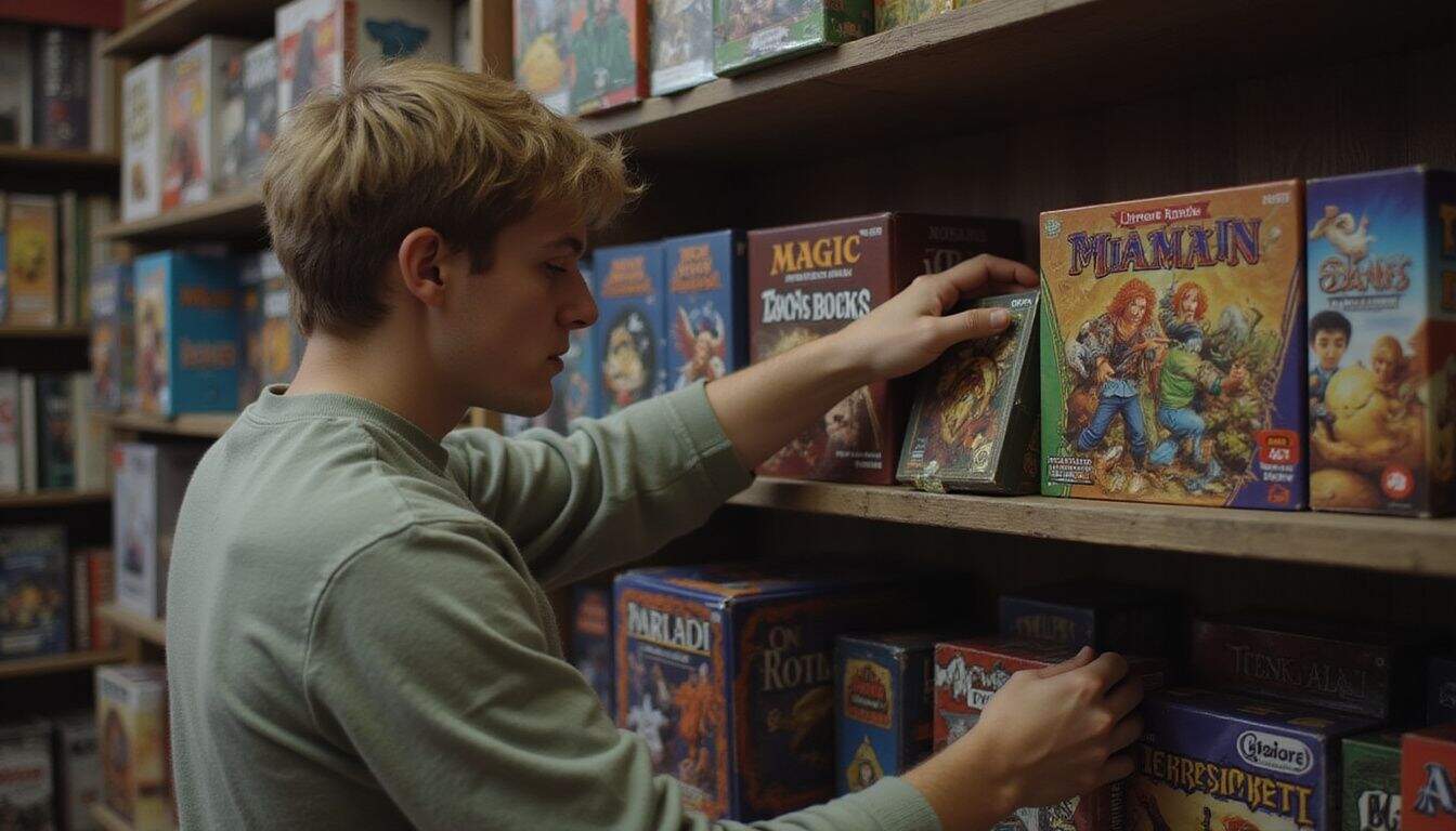 A young man in his twenties browsing card games at a local game store.