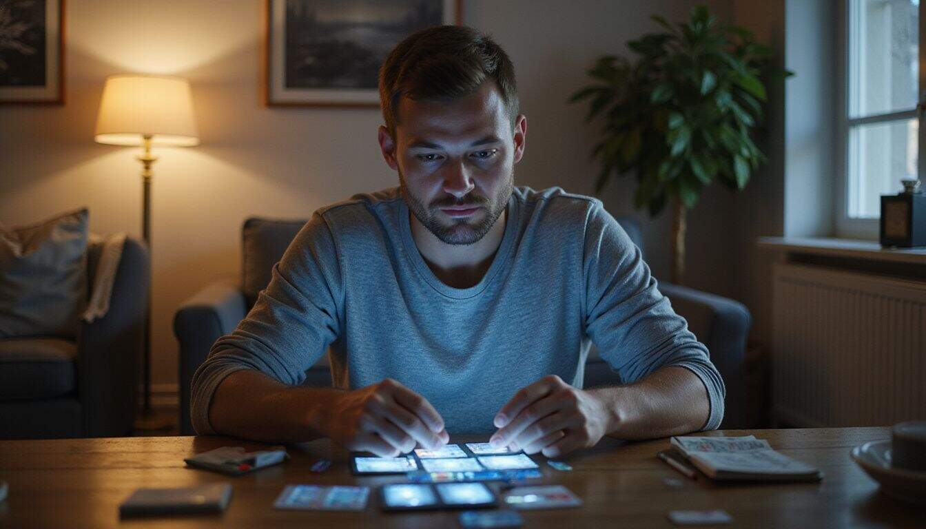 A man in his mid-30s is playing a hybrid card game in a modern living room.