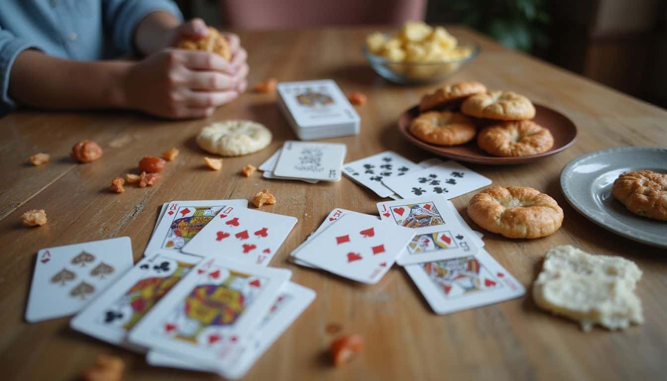 A close-up photo of a wooden table set up for a cozy game night with friends.