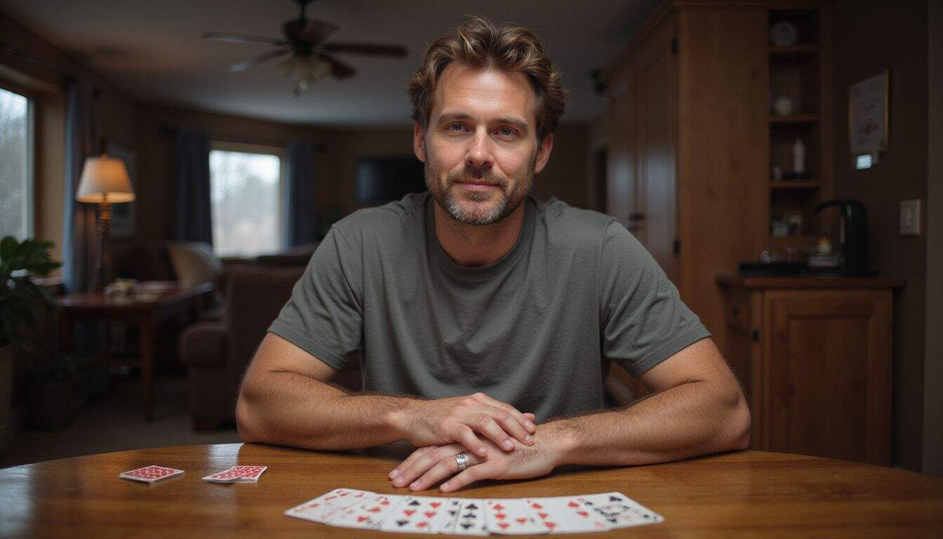 A man in comfortable clothing sits at a table in a cozy living room, playing solitaire.