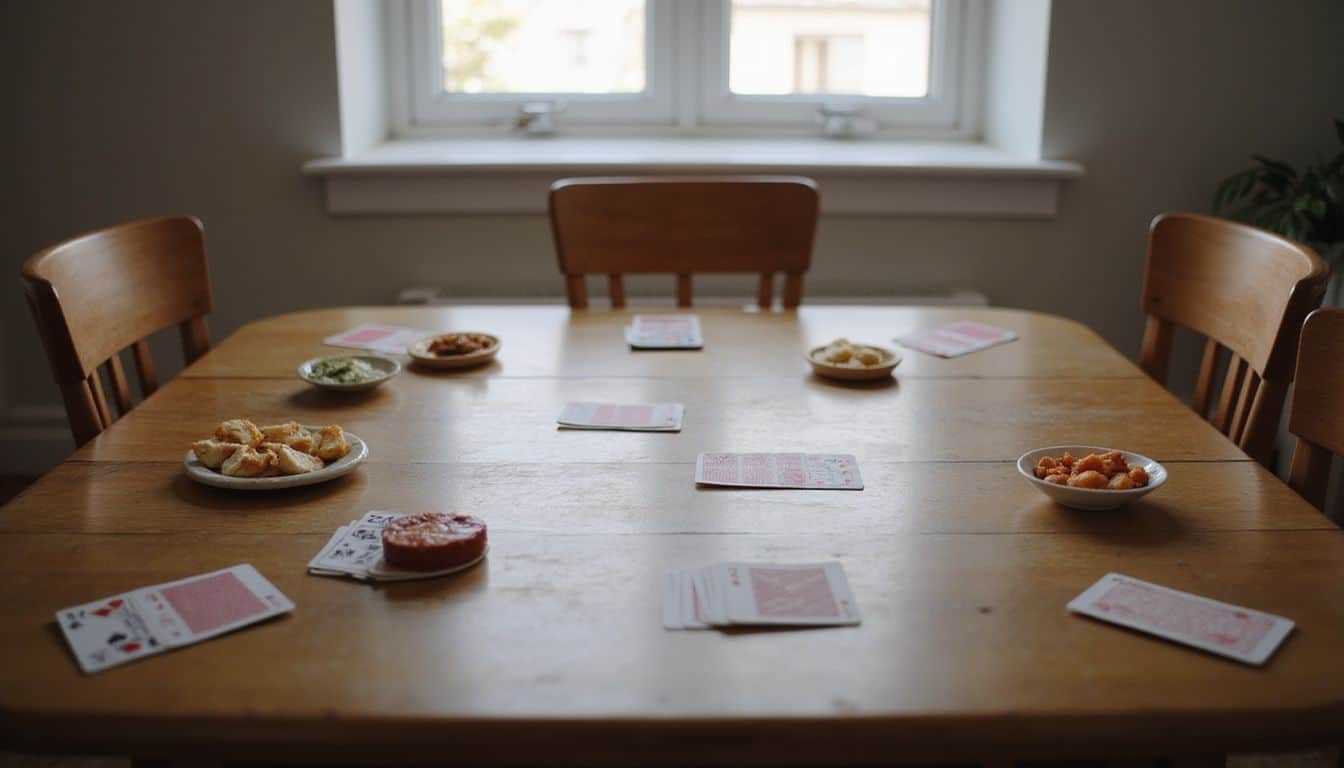A table set for game night with cards and snacks, ready for friends to join.