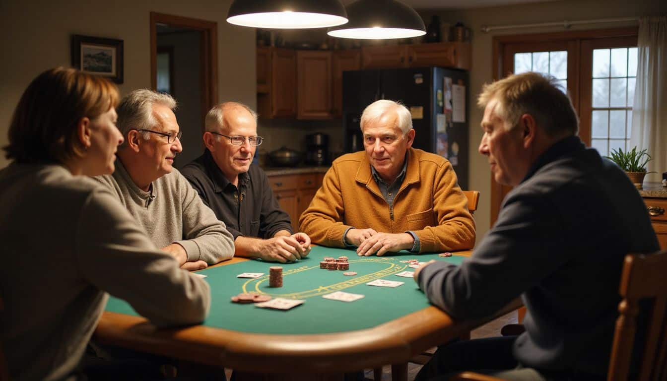 A group of middle-aged friends play a casual game of blackjack in a cozy kitchen setting.