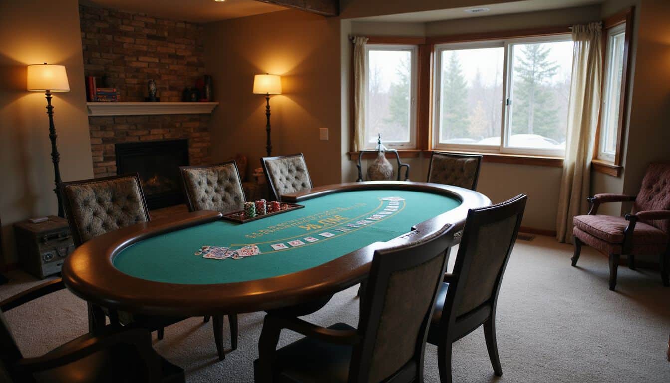 A spacious basement game room with a blackjack table, chairs, and poker chips for casual gatherings.