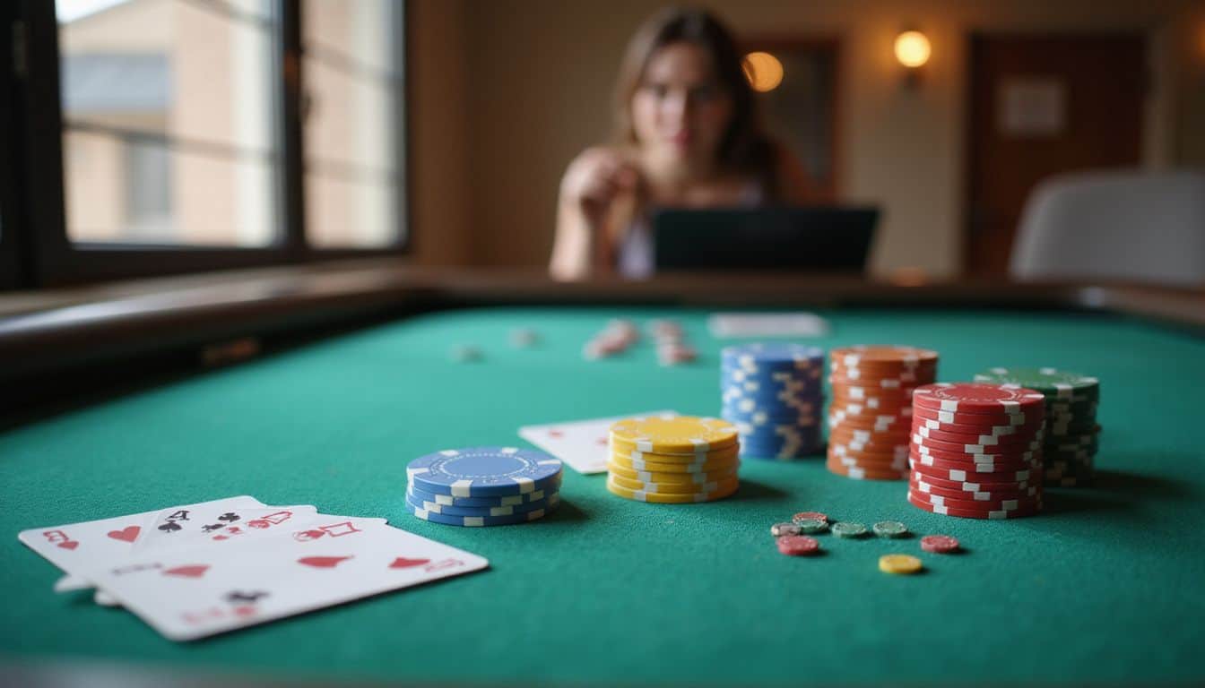 A close-up photo of a set table featuring brightly colored casino chips and scattered playing cards.