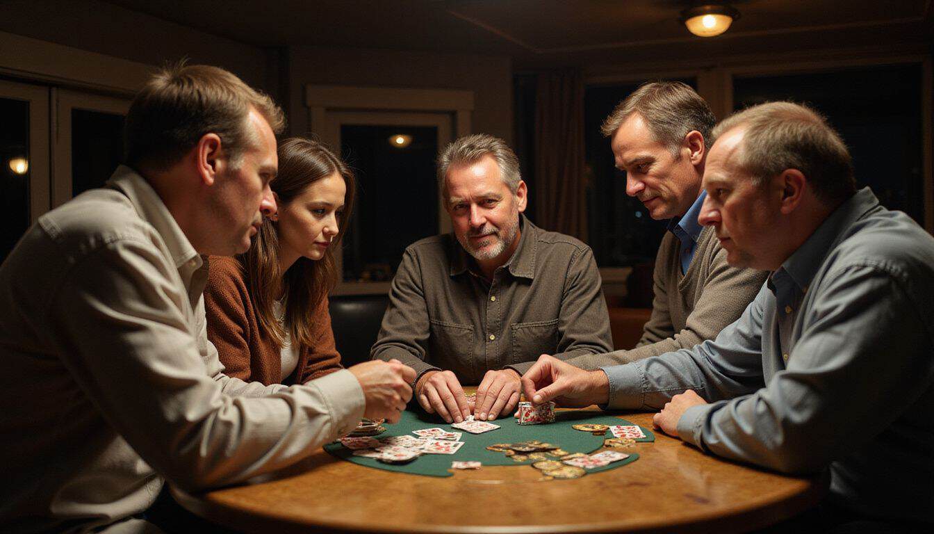 A group of friends play blackjack at a wooden table in a dimly lit room.