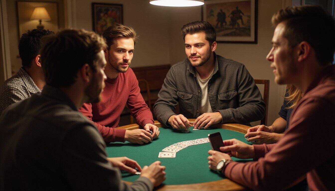 A group of friends playing blackjack around a kitchen table in a cozy, relaxed atmosphere.