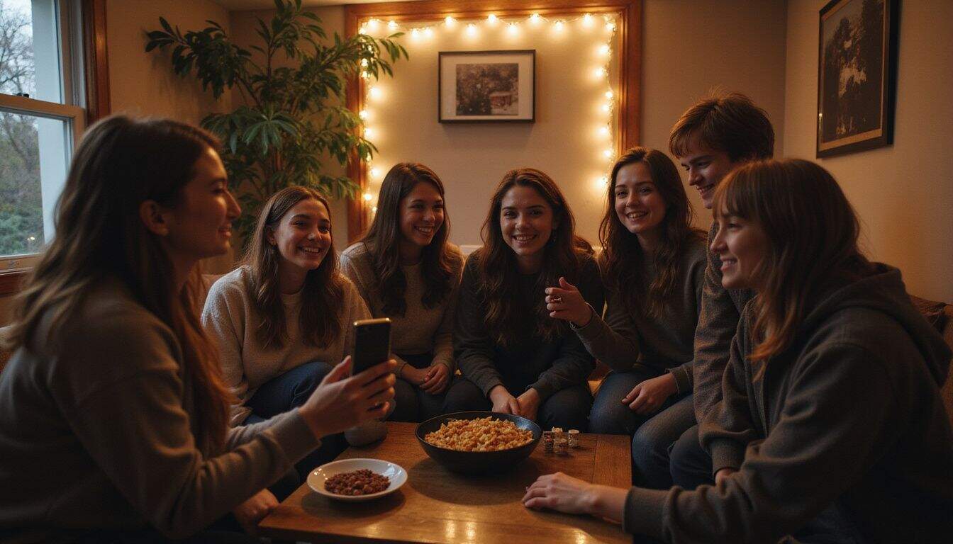 A group of young adults enjoying a casual game night and taking a group selfie.