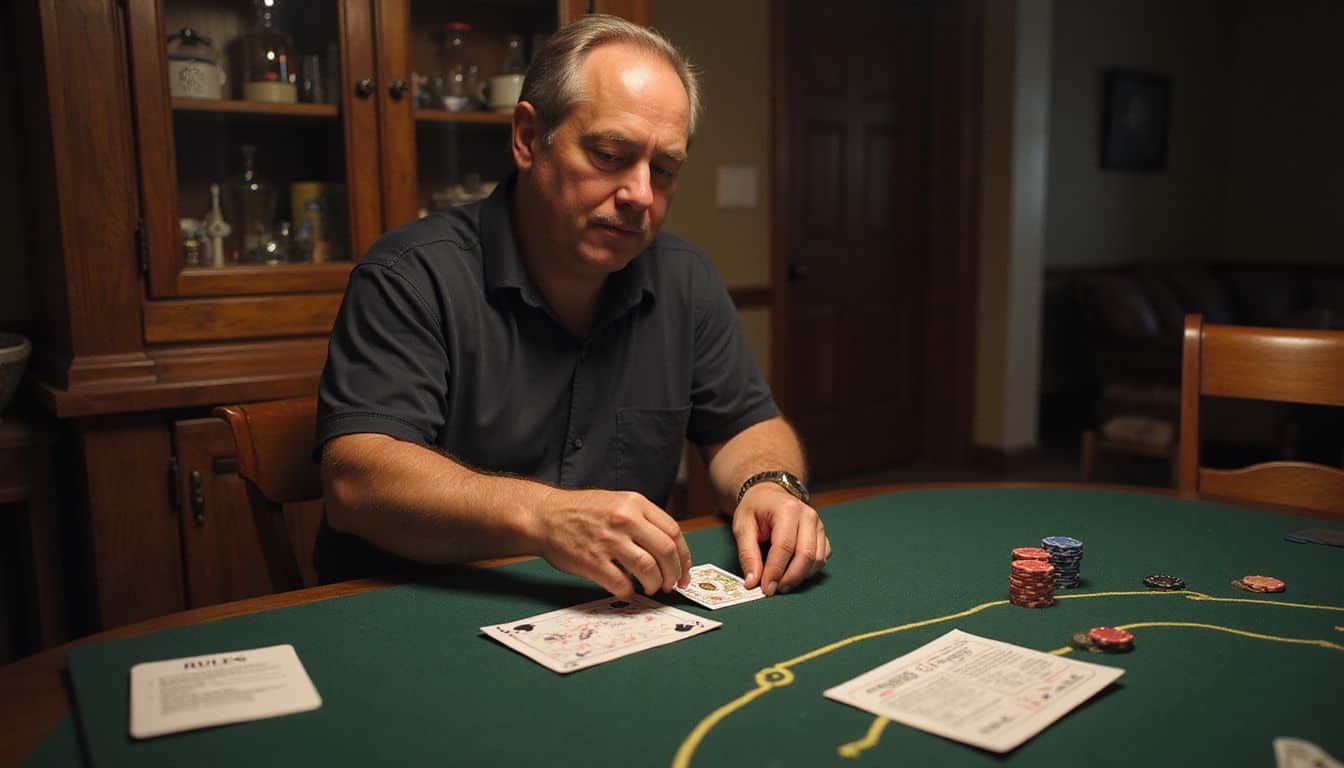 A man prepares for a home blackjack night with friends in a casual dining room setting.