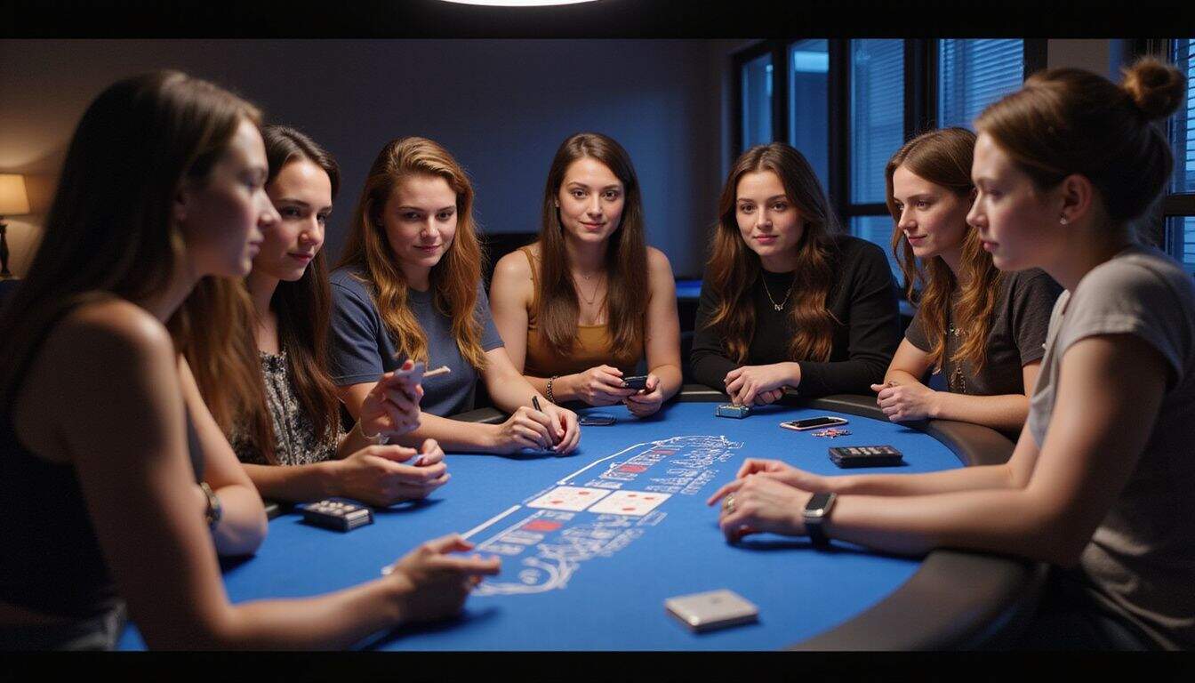 A group of young adults gather around a modern blackjack table with digital gaming features in a casual setting.