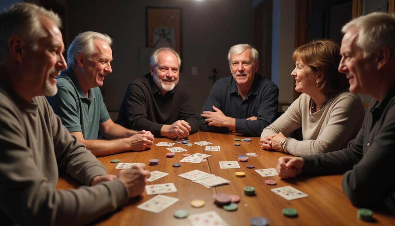 A group of friends enjoys a casual poker game at a wooden table.