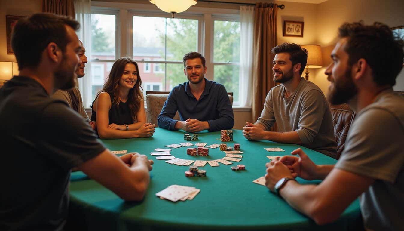 A cozy living room set up for a blackjack party with players enjoying a game.