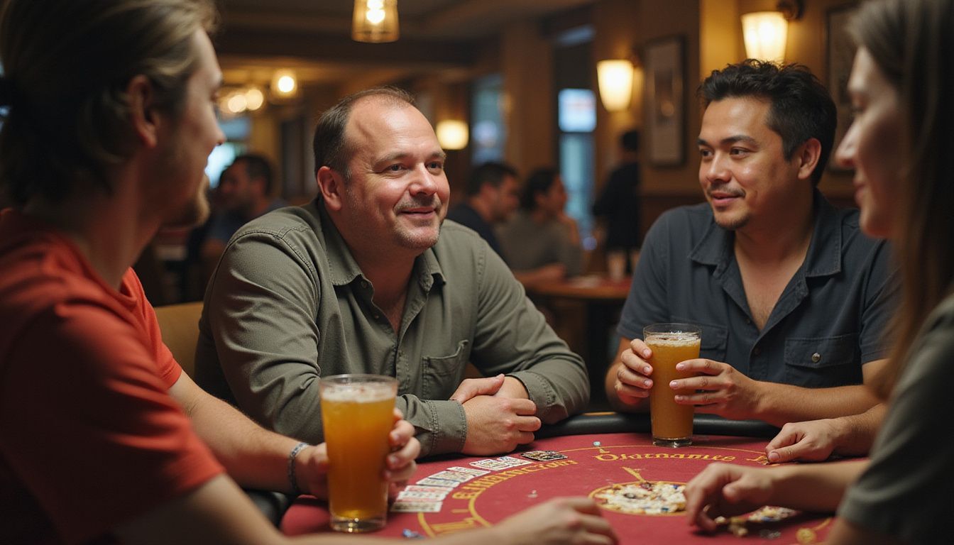 A middle-aged man is sitting at a blackjack table with friends, enjoying snacks and drinks.